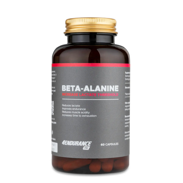 4Endurance Pro Beta-alanine - 60 gélules, flacon blanc avec bouchon noir et étiquette mise en évidence en rouge sur fond blanc.