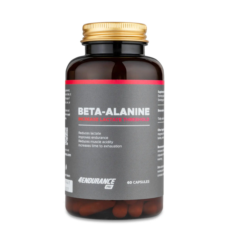 4Endurance Pro Beta-alanine - 60 gélules, flacon blanc avec bouchon noir et étiquette mise en évidence en rouge sur fond blanc.