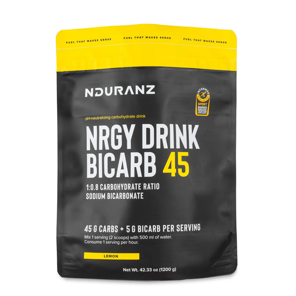 Nduranz Nrgy Drink Bicarb 45 - 1200 g saveur citron, sachet noir et jaune avec logo de la marque et texte nutritionnel sur fond blanc.
