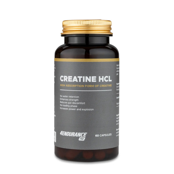 4Endurance Pro Creatine HCL - 60 gélules, flacon marron foncé avec bouchon doré, étiquette montrant les avantages clés sur fond blanc.