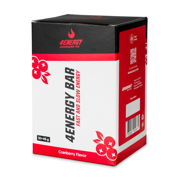 4Energy 4Energy Bar Box - 10 x 45 g saveur canneberge, emballage rouge et noir avec illustrations de canneberges, code‑barres et code QR.