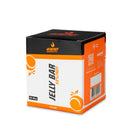 4Energy Jelly Bar Box - 10 x 25 g saveur orange, boîte noire et orange avec vue avant et latérale inclinée sur fond blanc.