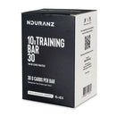 Nduranz Training Bar 30 Box - 10 x 45 g saveur chocolat blanc et cannelle, boîte noire et blanche avec code QR et icônes sportives.
