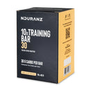 Nduranz Training Bar 30 Box - 10 x 45 g saveur nougat vanille et noix, boîte noire avec accents jaunes et détails nutritionnels visibles.