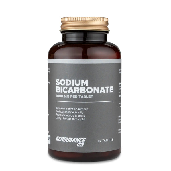 4Endurance Pro Sodium Bicarbonate - lot de 90 comprimés, flacon marron avec bouchon doré sur fond blanc avec texte de l’étiquette visible.
