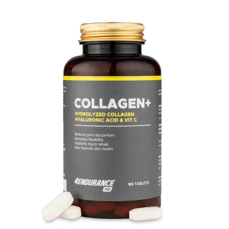 4Endurance Pro Collagen+ - 90 comprimés Collagen+, flacon brun avec bouchon doré, étiquette blanche avec bande jaune sur fond blanc.