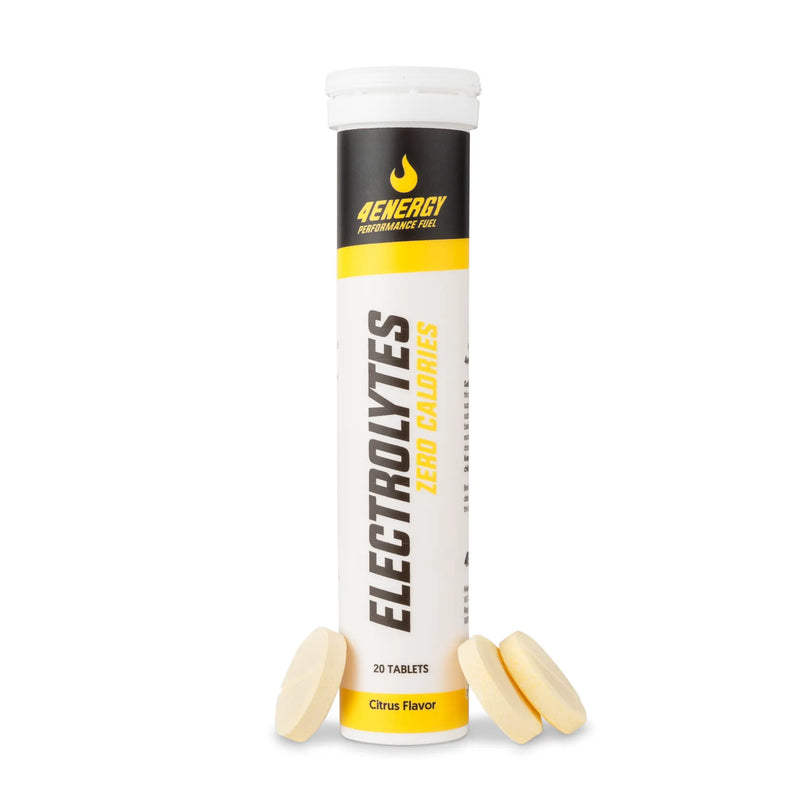 4Energy Electrolytes - 20 comprimés effervescents saveur agrumes, tube blanc avec étiquette verticale jaune et noire sur fond blanc.