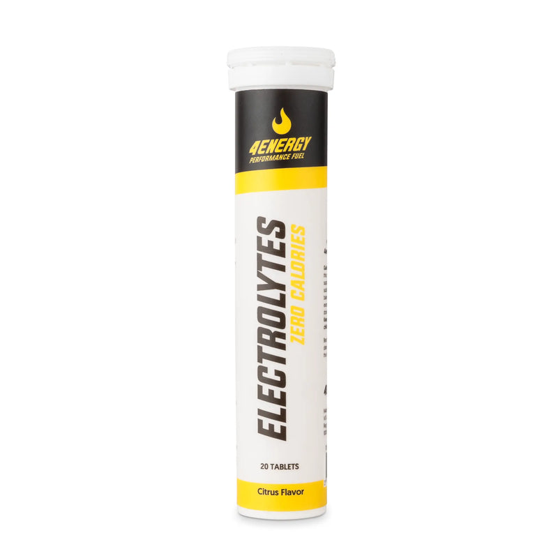 4Energy Electrolytes - 20 comprimés effervescents saveur agrumes, tube blanc avec étiquette verticale jaune et noire sur fond blanc.