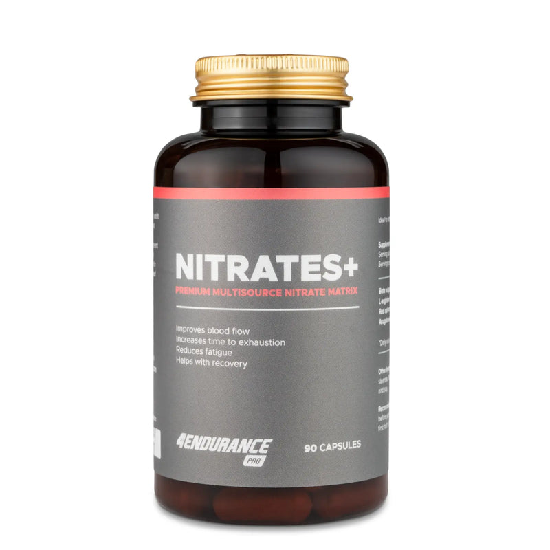 4Endurance Pro Nitrates+ - 90 gélules, complément alimentaire, flacon noir avec bouchon doré et étiquette affichant les bienfaits pour la santé.