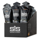 SIS Beta Fuel Gel Box - 30 x 60 ml saveur orange, boîte noire à motif hexagonal, logo SiS et sachets de gel énergétique soigneusement disposés.