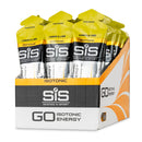 SIS GO Isotonic Energy Gel Box - 30 x 60ml saveur citron et citron vert, boîte avec sachets présentés à la verticale en jaune et noir sur fond blanc.