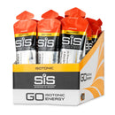 SIS Science in Sport GO Isotonic Energy Gel Box - 30 x 60ml saveur orange, boîte avec plusieurs sachets orange sur fond blanc.
