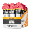 SIS Science in Sport GO Isotonic Energy Gel Box - 30 x 60ml saveur pamplemousse rose, boîte et sachets en rouge, argent et jaune sur fond blanc.