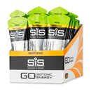 SIS GO Isotonic Energy Gel Box - 30 x 60ml saveur pomme, boîte avec motif orange et sachets à bouchons verts sur fond blanc.