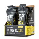 Nduranz Nrgy Gel 22.5 Box - 18 x 66 g saveur citron, boîte à haut ouvert de sachets noirs avec texte jaune et blanc sur fond blanc.