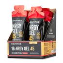 Nduranz Nrgy Gel 45 with Caffeine Box - 16 x 75g saveur mangue, sachets rouges et noirs dans une boîte présentoir sur fond blanc.