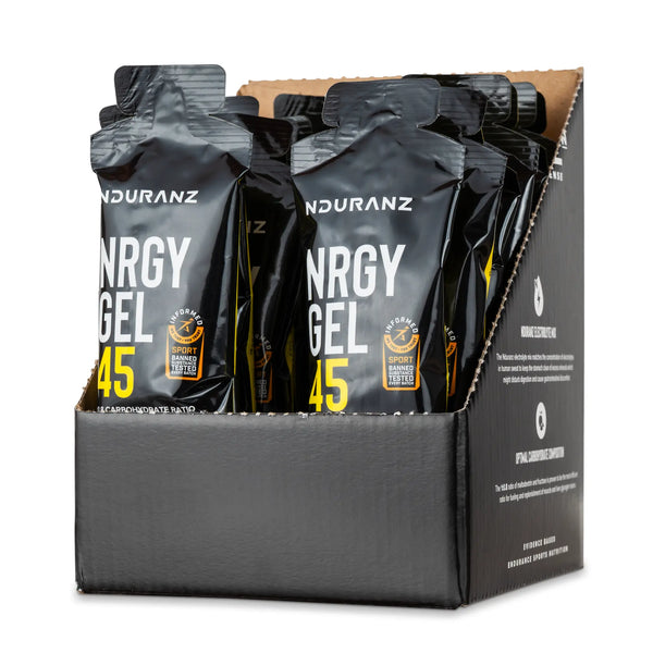 Nduranz Nrgy Gel 45 Box - 16 x 75 g saveur citron, emballage noir et orange dans une boîte présentoir en carton sur fond blanc.