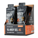 Nduranz Nrgy Gel 45 Box - 16 x 75 g saveur orange, emballage noir et orange dans une boîte présentoir en carton sur fond blanc.