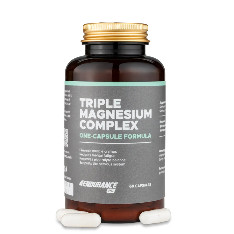 4Endurance Pro Triple Magnesium Complex - 60 gélules, flacon brun avec bouchon doré, étiquette grise, gélules rouges visibles.