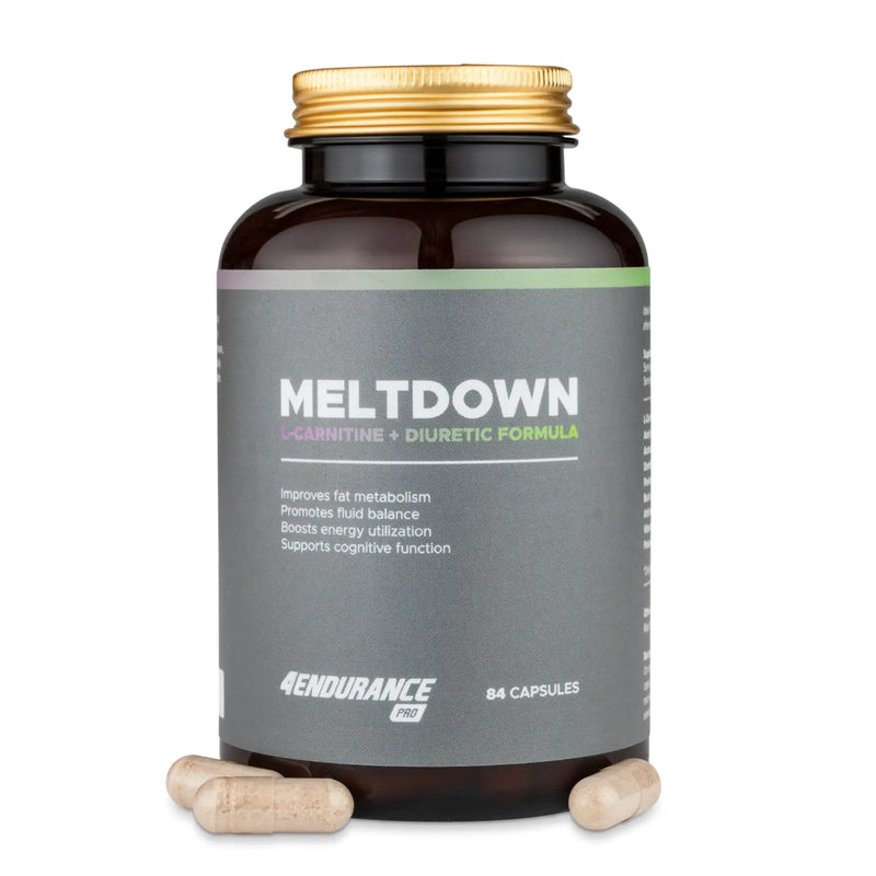 4Endurance Pro Meltdown - 84 gélules, flacon marron foncé avec bouchon doré, étiquette grise avec texte en vert et violet mis en évidence.