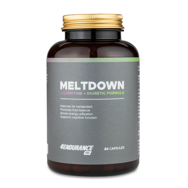 4Endurance Pro Meltdown - 84 gélules, flacon marron foncé avec bouchon doré, étiquette grise avec texte en vert et violet mis en évidence.