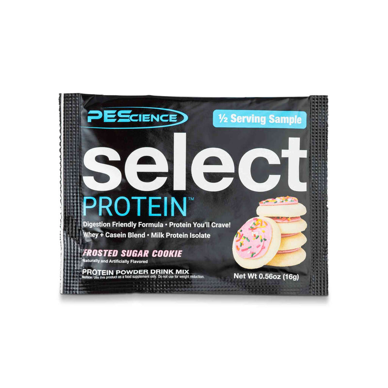 Portion individuelle Select – 16 g, saveur Frosted Sugar Cookie, sachet noir avec image de biscuits glacés, grand logo Select Protein et texte des bienfaits.