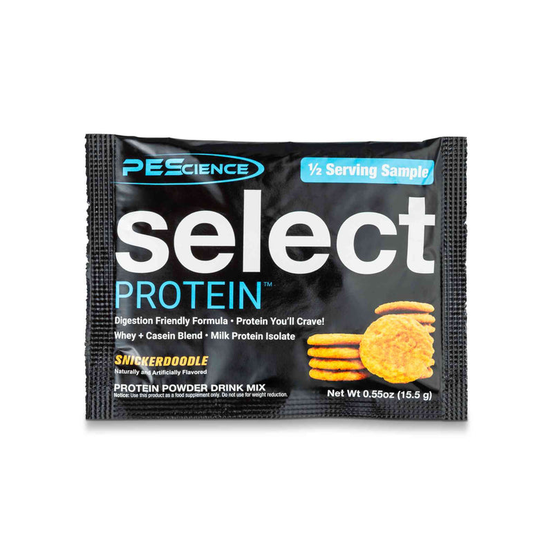 Portion individuelle Select – 16 g, saveur Snickerdoodle, sachet noir avec image de snickerdoodle, grand logo “Select Protein” et texte des bienfaits.