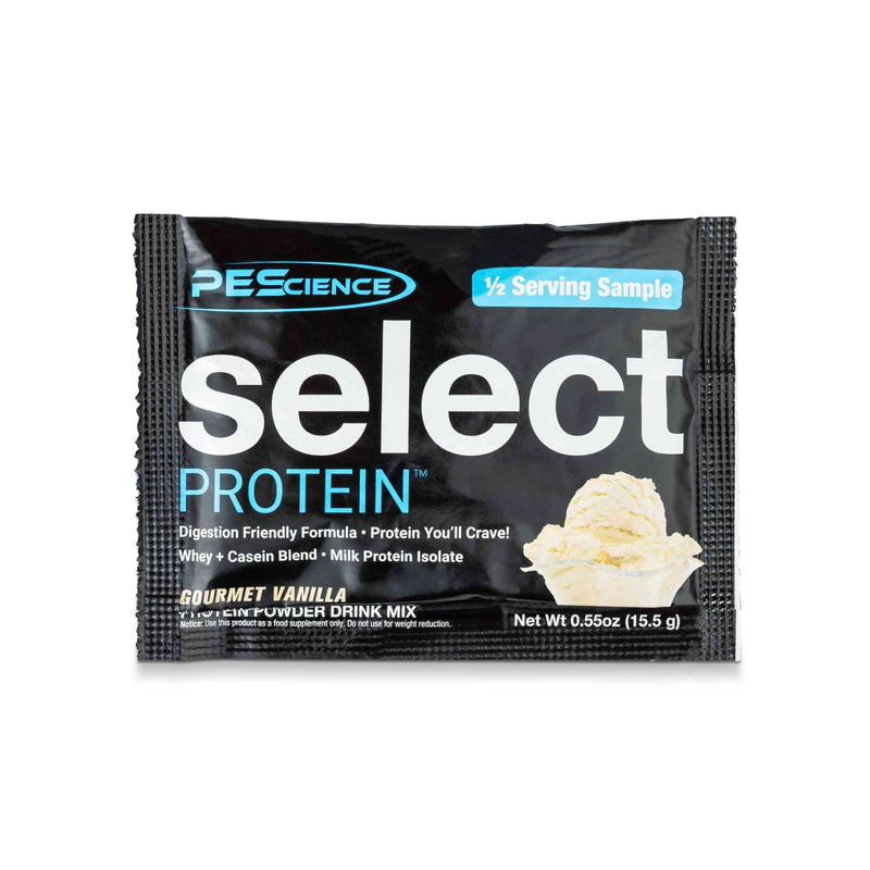 Portion individuelle Select – 16 g, saveur Gourmet Vanilla, sachet noir avec image de gousse de vanille, grand logo “Select Protein” et texte des bienfaits.