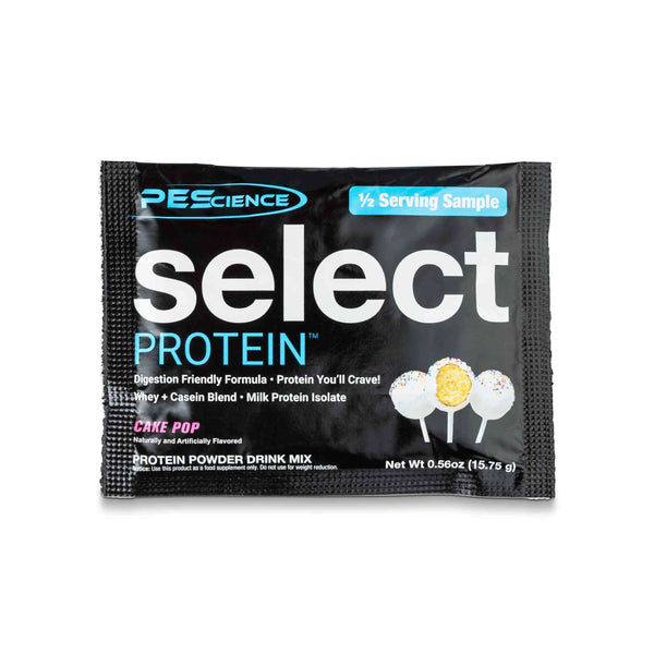 Portion individuelle Select – 16 g, saveur Cake Pop, sachet noir avec image de cake pop, grand logo Select Protein et texte des bienfaits.