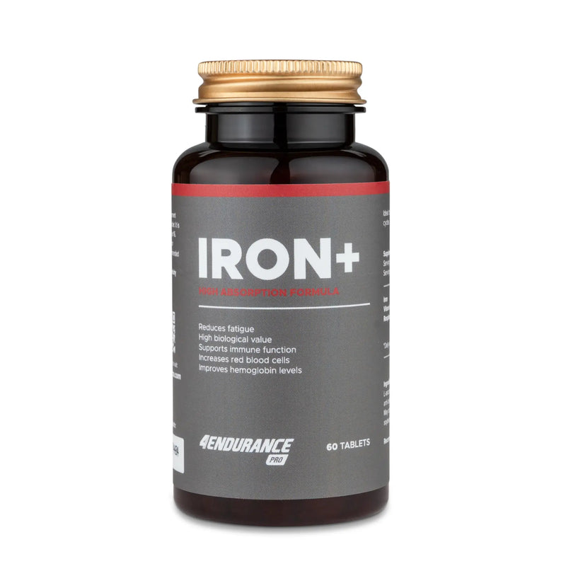 4Endurance Pro Iron+ - 60 gélules, flacon noir avec bouchon doré et bande d’étiquette rouge, soutient la fonction immunitaire et réduit la fatigue.