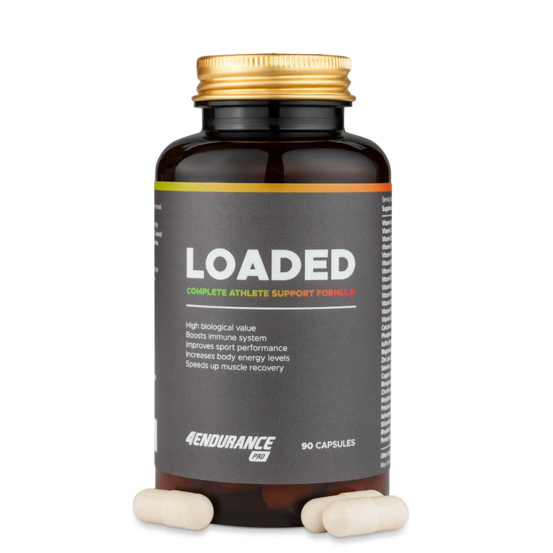 4Endurance Pro Loaded - 90 gélules, 30–90 portions, flacon brun avec bouchon doré, étiquette grise affichant la marque et les détails du produit.