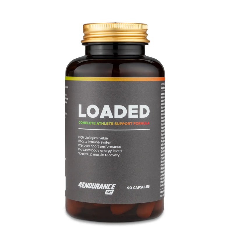 4Endurance Pro Loaded - 90 gélules, 30–90 portions, flacon brun avec bouchon doré, étiquette grise affichant la marque et les détails du produit.