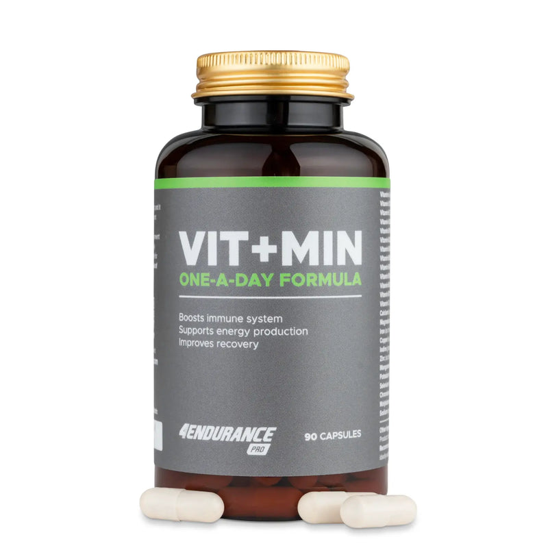 4Endurance Pro Vit+Min - 90 gélules, flacon marron avec bouchon doré, étiquette grise avec texte vert et blanc sur fond blanc.