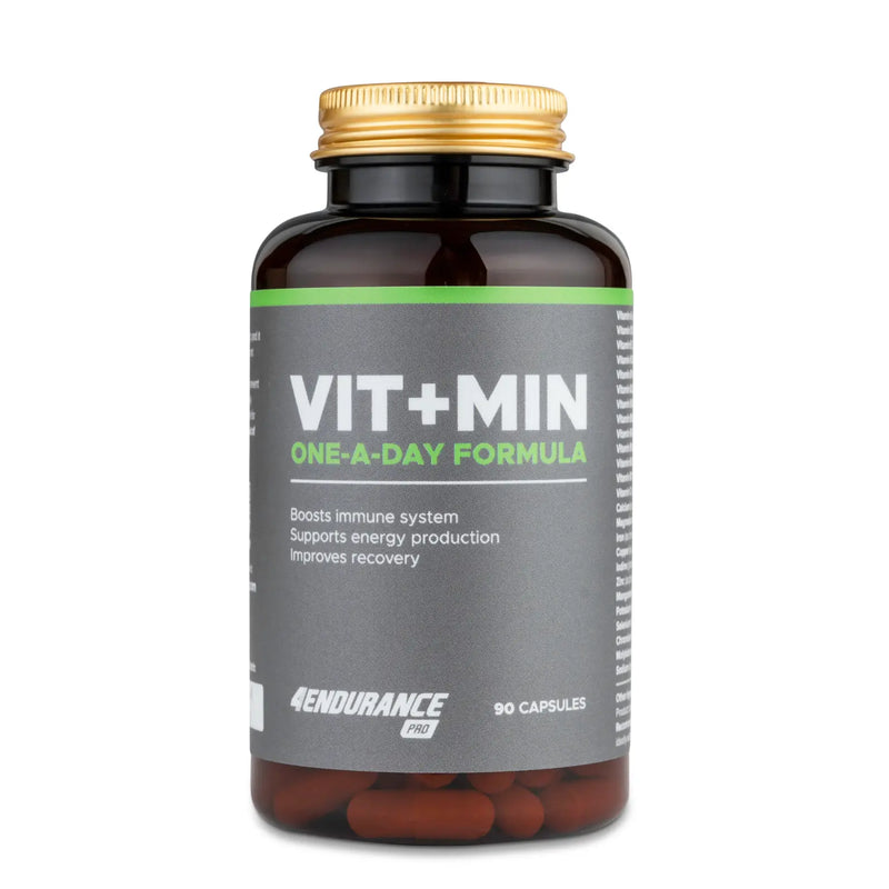 4Endurance Pro Vit+Min - 90 gélules, flacon marron avec bouchon doré, étiquette grise avec texte vert et blanc sur fond blanc.