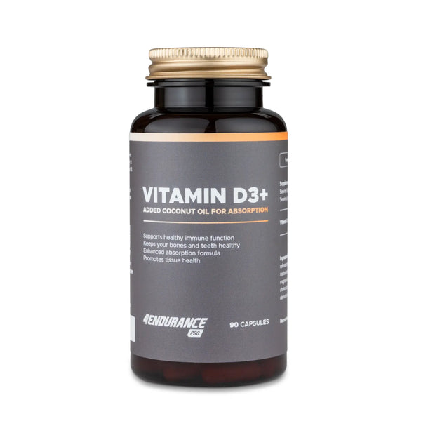 4Endurance Pro Vitamin D3+ - 90 gélules, flacon plastique ambre foncé avec bouchon doré, étiquette grise montrant les bienfaits du complément.